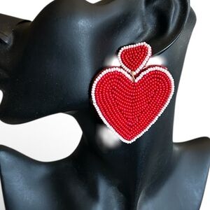 Red Heart Pierced Earrings Seed Rice Bead Valentine’s Day Lightweight